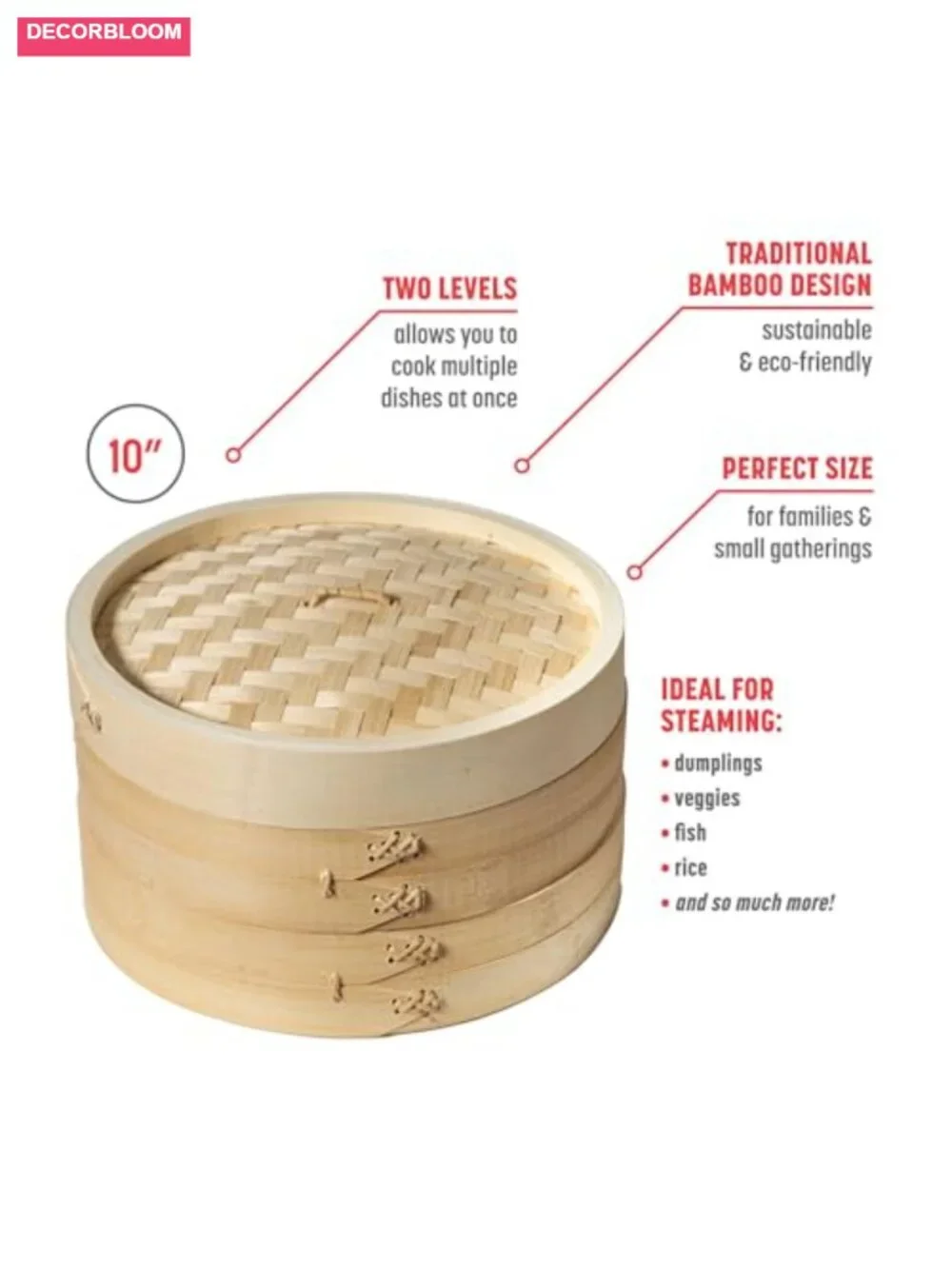 2-Tier Bamboo Steamer Basket for Dumplings Vegetables Fish 10-Inch